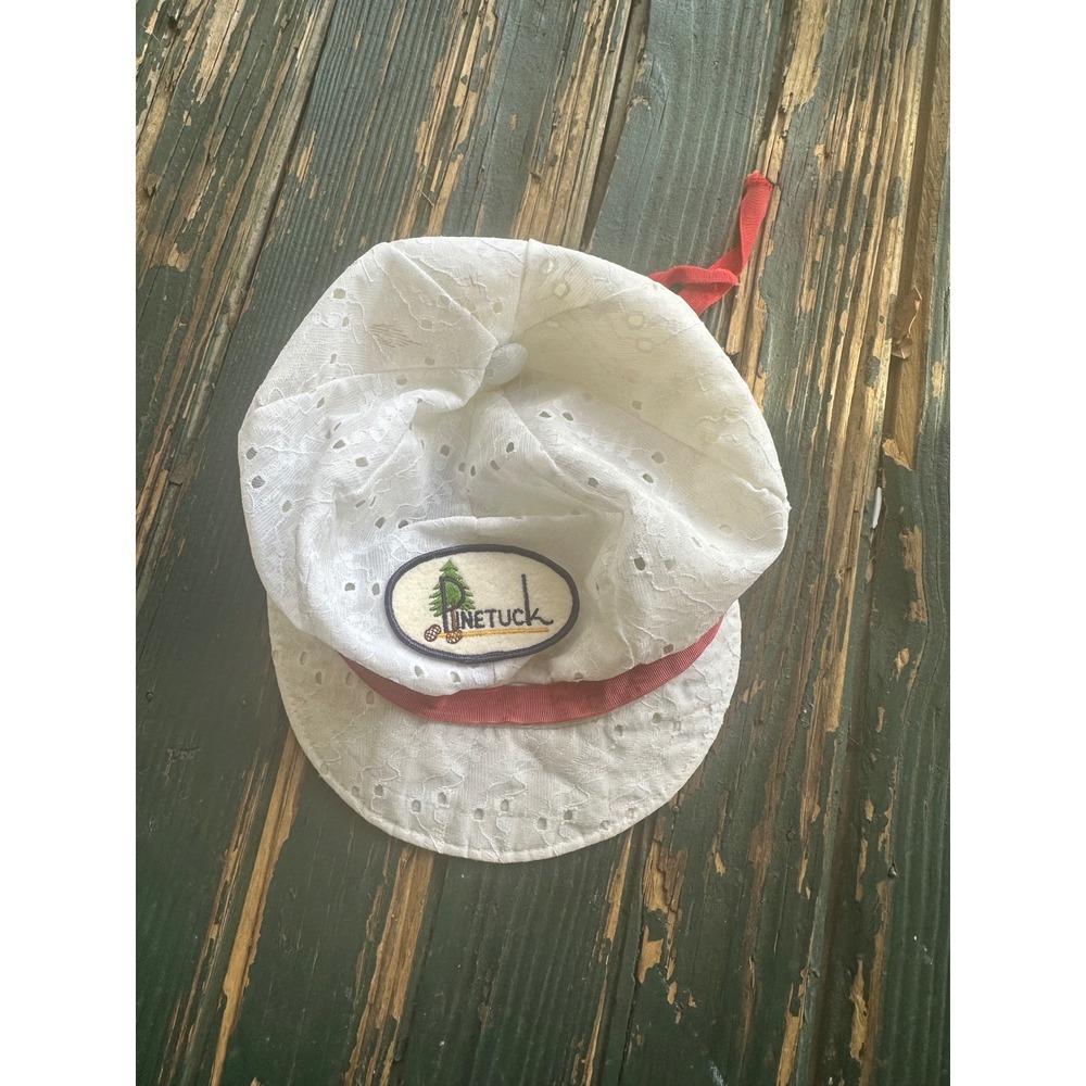 Vintage Town Talk White Eyelet Bucket Hat Linetuck Patch Red Ribbon Sun Hat